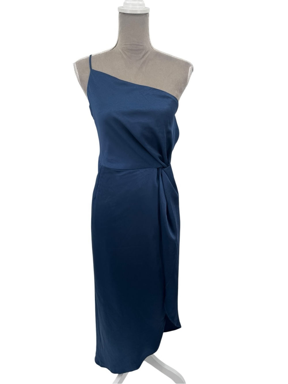 OPT Ivy One Shoulder Blue Satin Maxi Dress Slit NWT Small - Picture 2 of 7